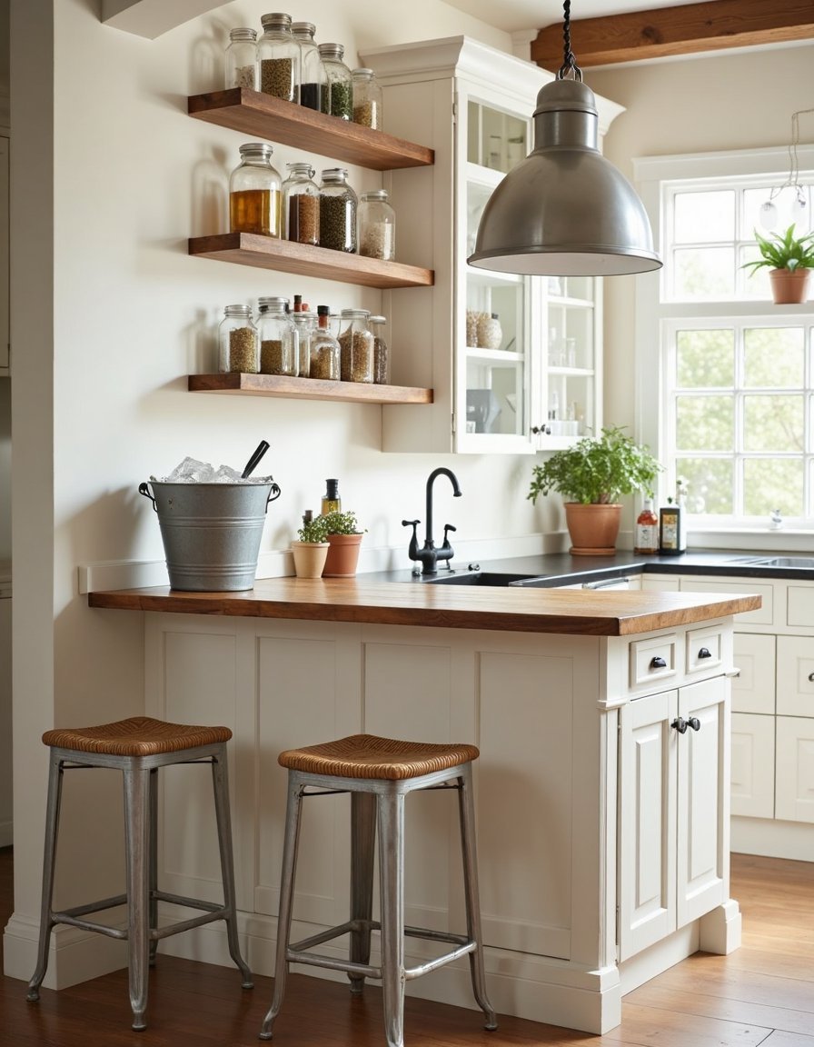 Rustic Farmhouse Home Bar: White Shaker & Butcher Block