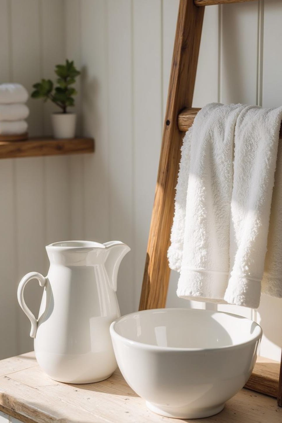 Farmhouse Bathroom: White & Wood Accents