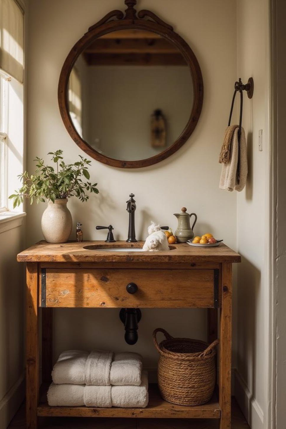 Rustic-Chic Bathroom: Wooden Vanity & Woven Storage