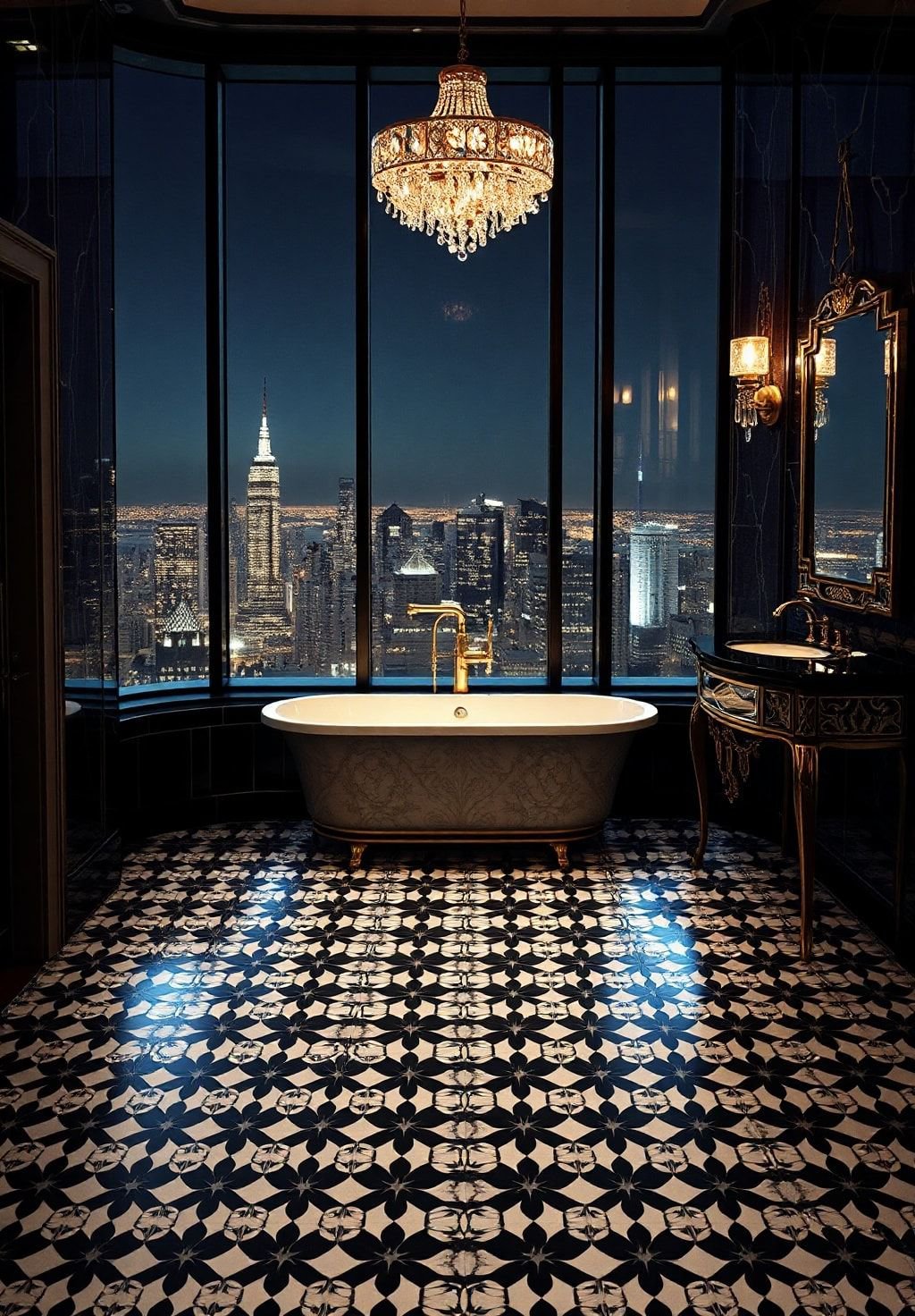 Opulent Cityscape: A Bathroom Where Glamour Meets Tranquility