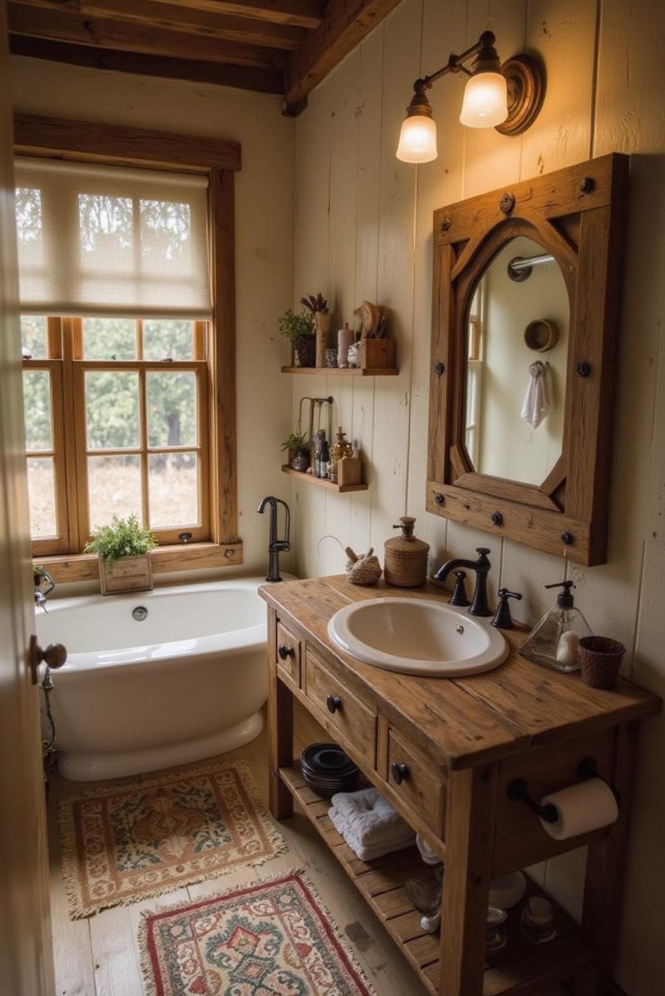 Rustic Farmhouse Bathroom: Vintage Accessories & Cozy Charm