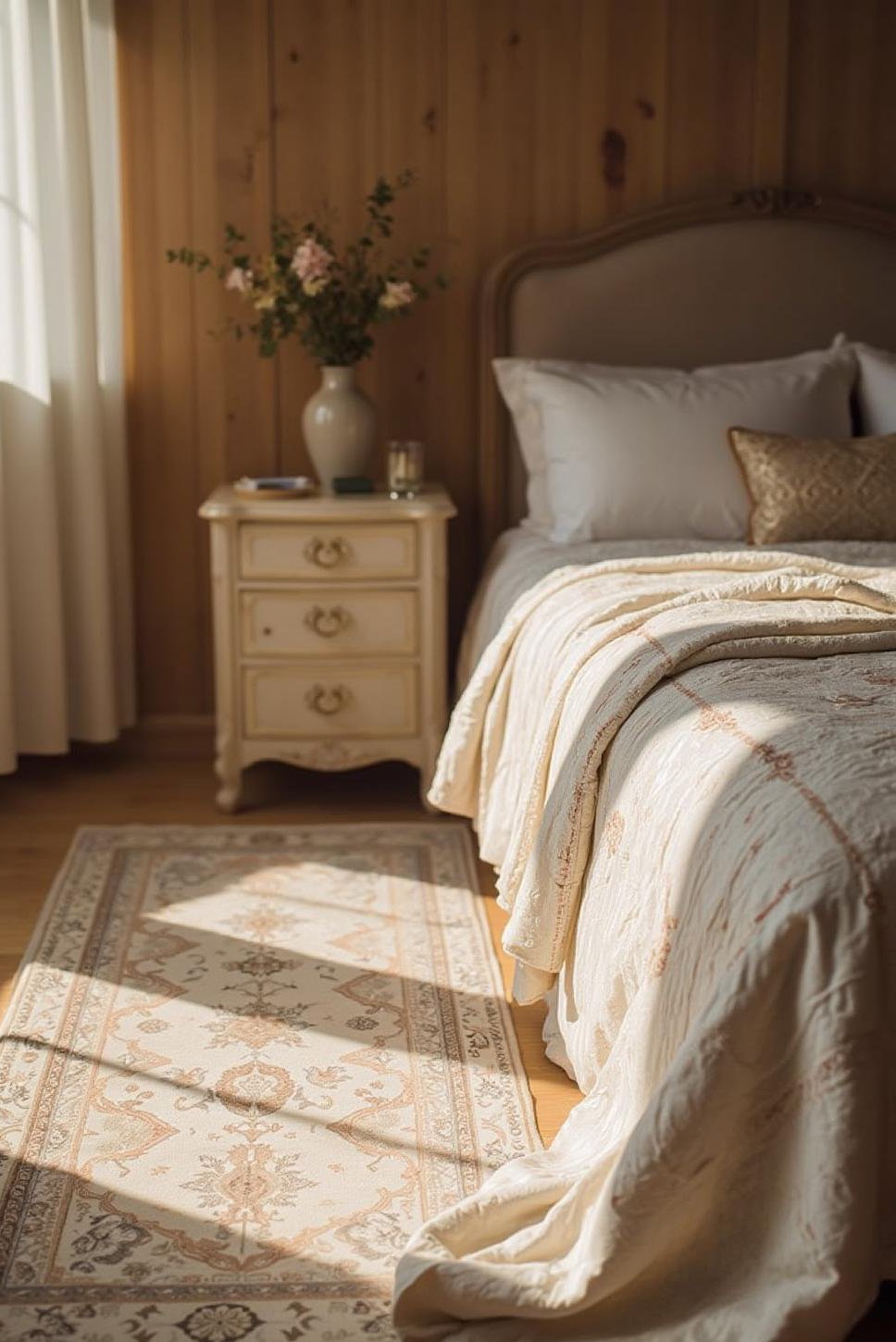 Romantic Bedroom with Intricate White Rug