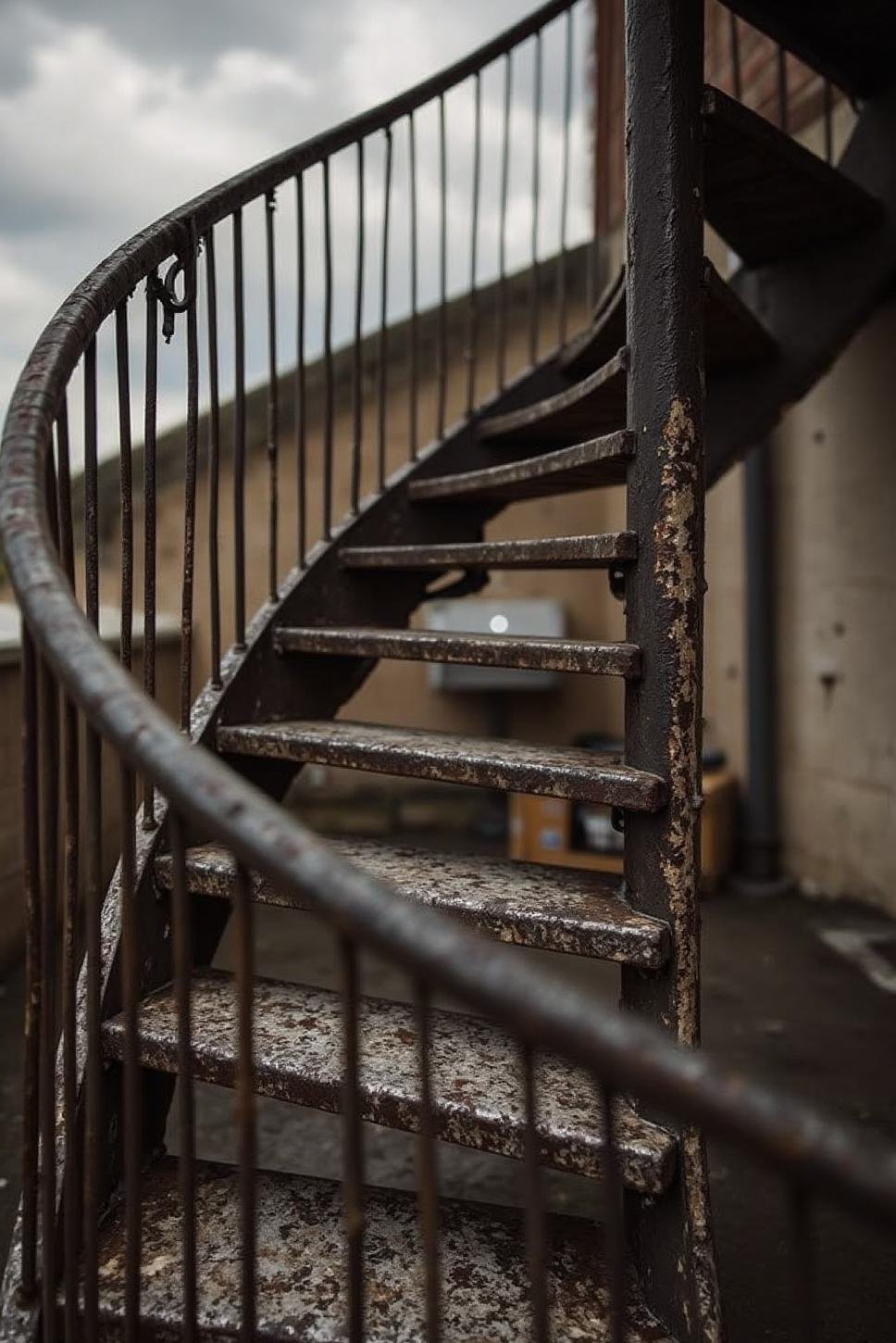 Metal Spiral Staircase: Black and White Rooftop Photo