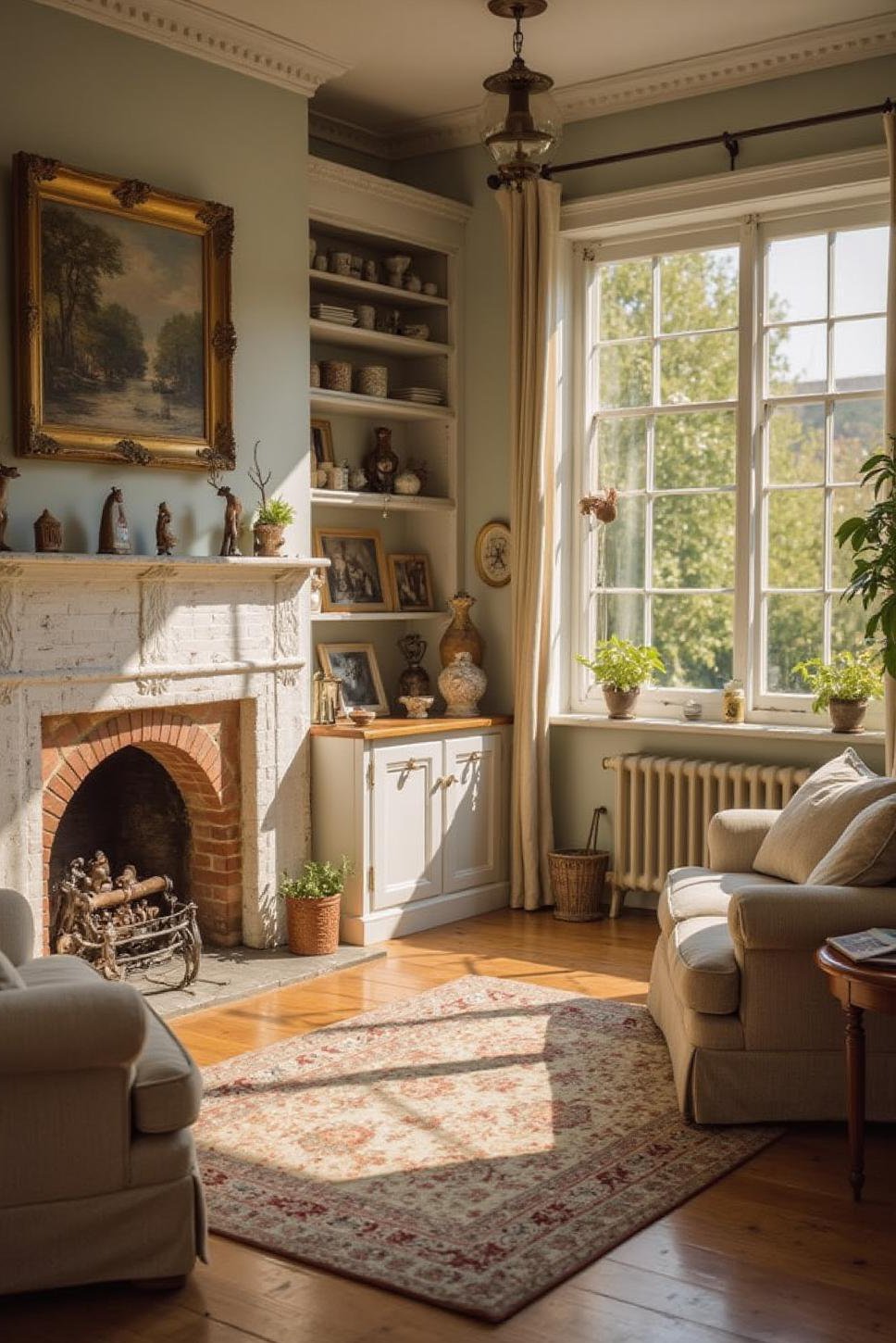 Sunlit English Cottage Living Room with Brick Fireplace