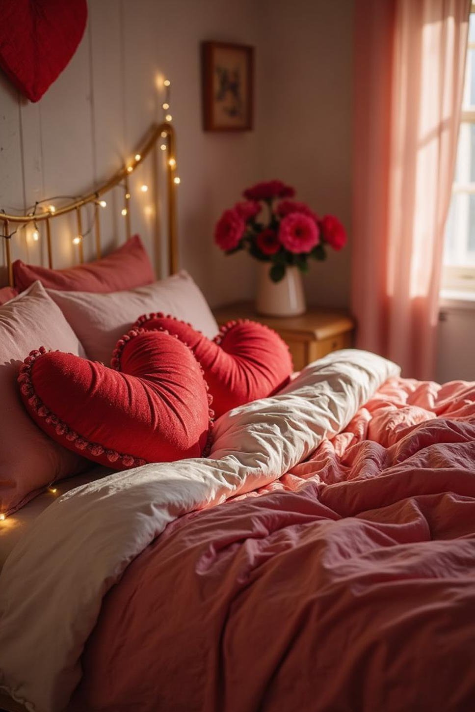 Romantic Valentine's Bedroom: Lights & Heart Pillows