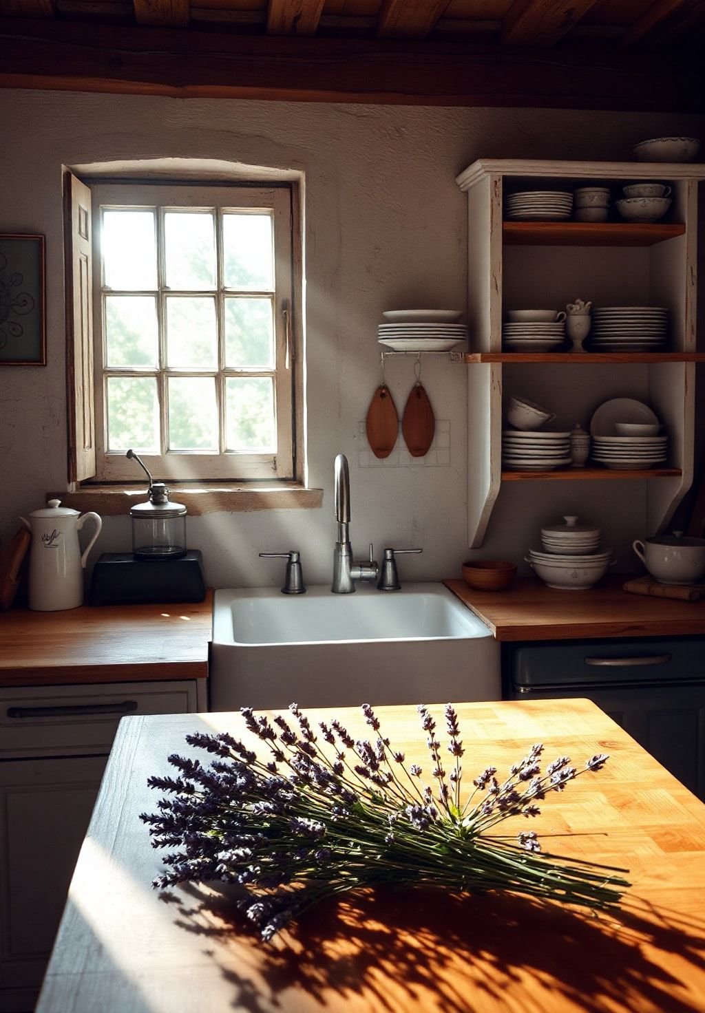 Rustic Tranquility: A Farmhouse Kitchen bathed in Light