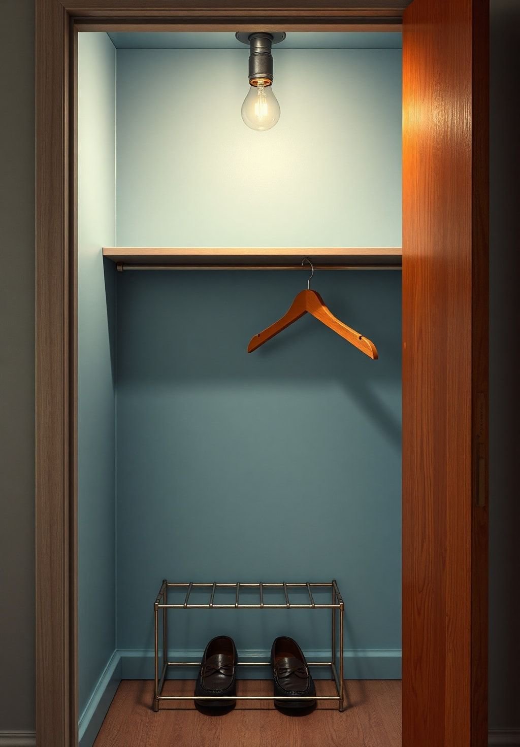 Mid-Century Reach-In Closet with Pale Blue Interior