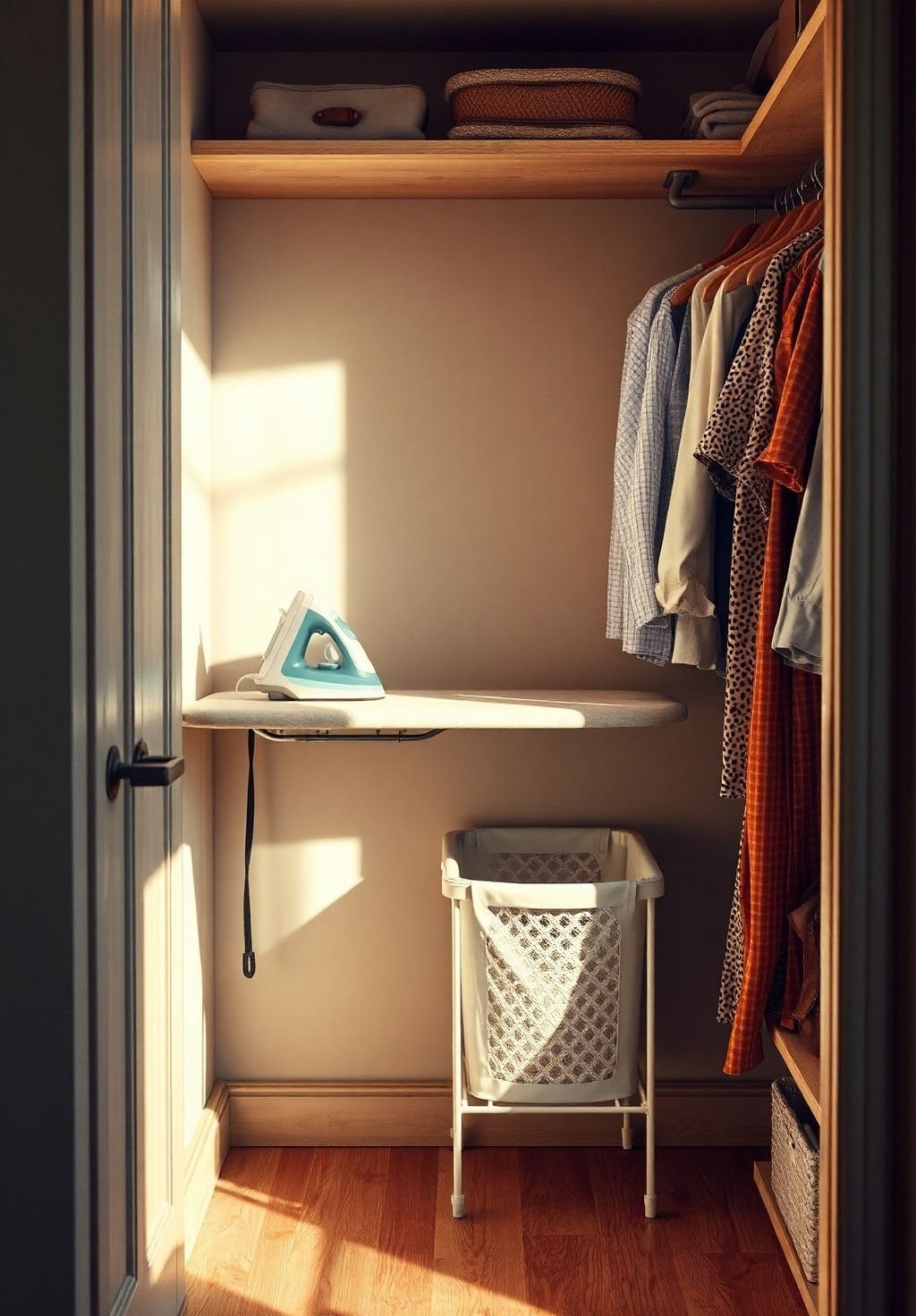 Closet with Built-In Ironing Board and Hamper