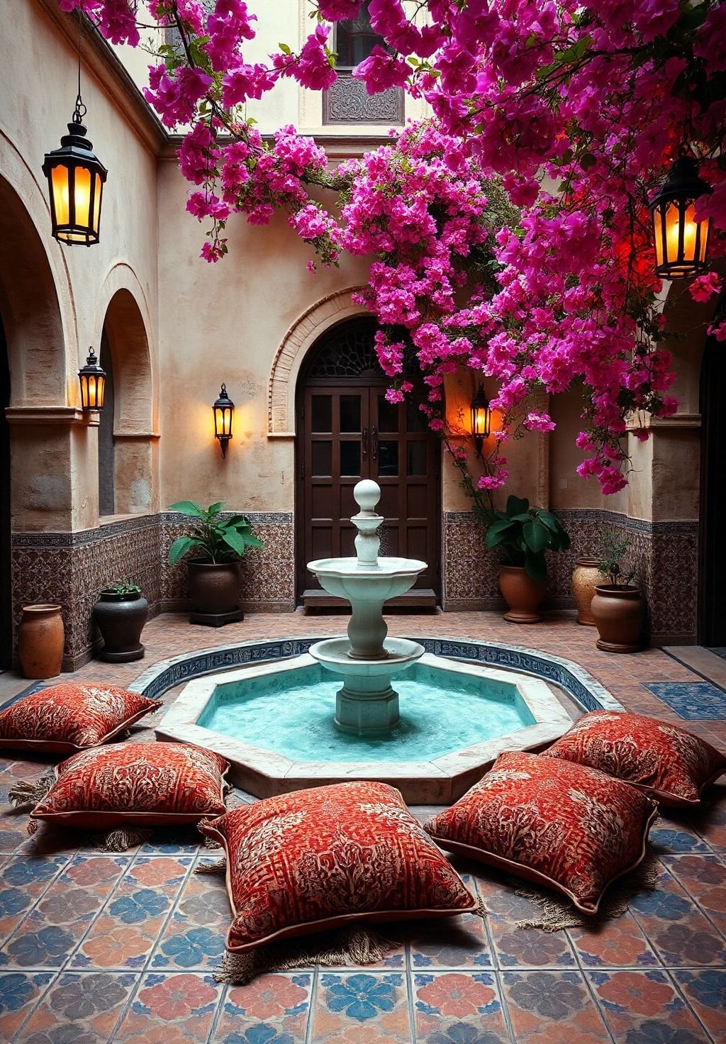 Moroccan Oasis: Where Fuchsia Blooms Meet Serene Luxury
