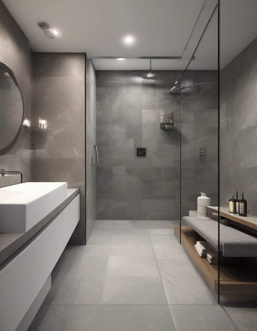 Spa-Like Bathroom: Grey Stone & Rainfall Shower