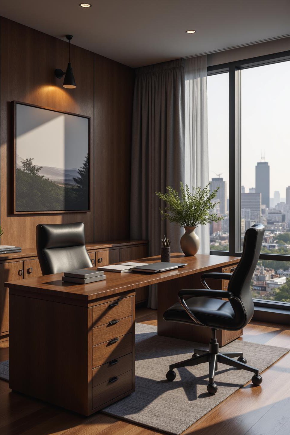 Sleek Black Male Office with Panoramic City Views