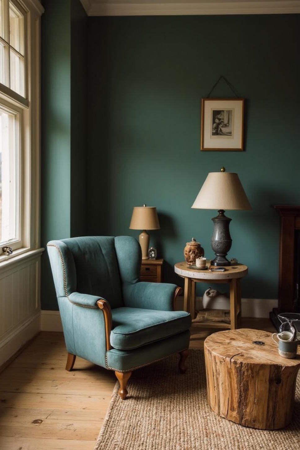 Cozy Teal & Oak English Cottage Living Room