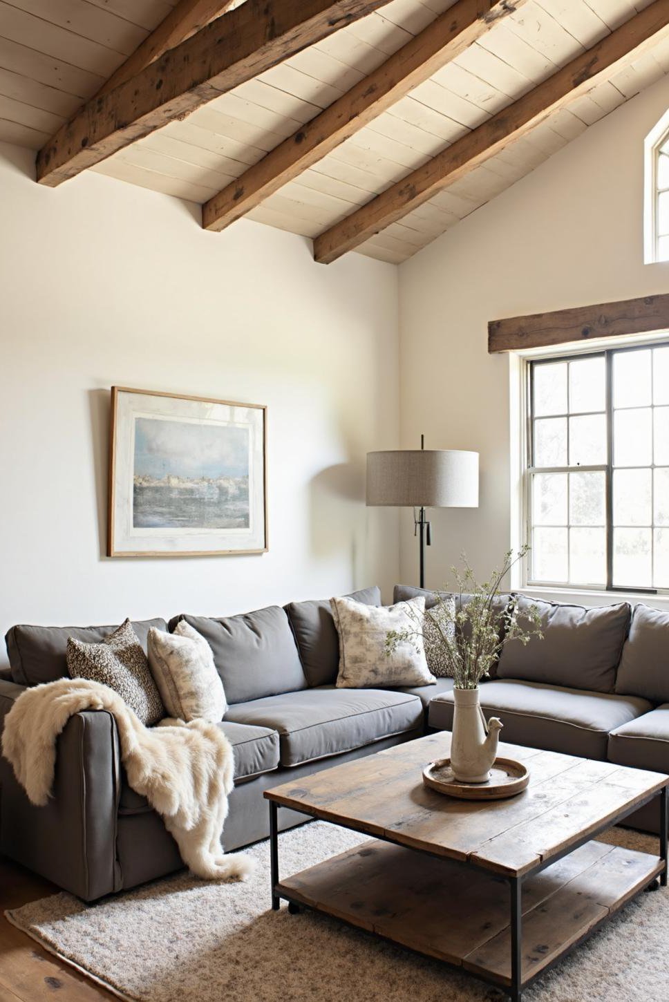 Cozy Farmhouse Living Room: Grey Sectional & Reclaimed Wood