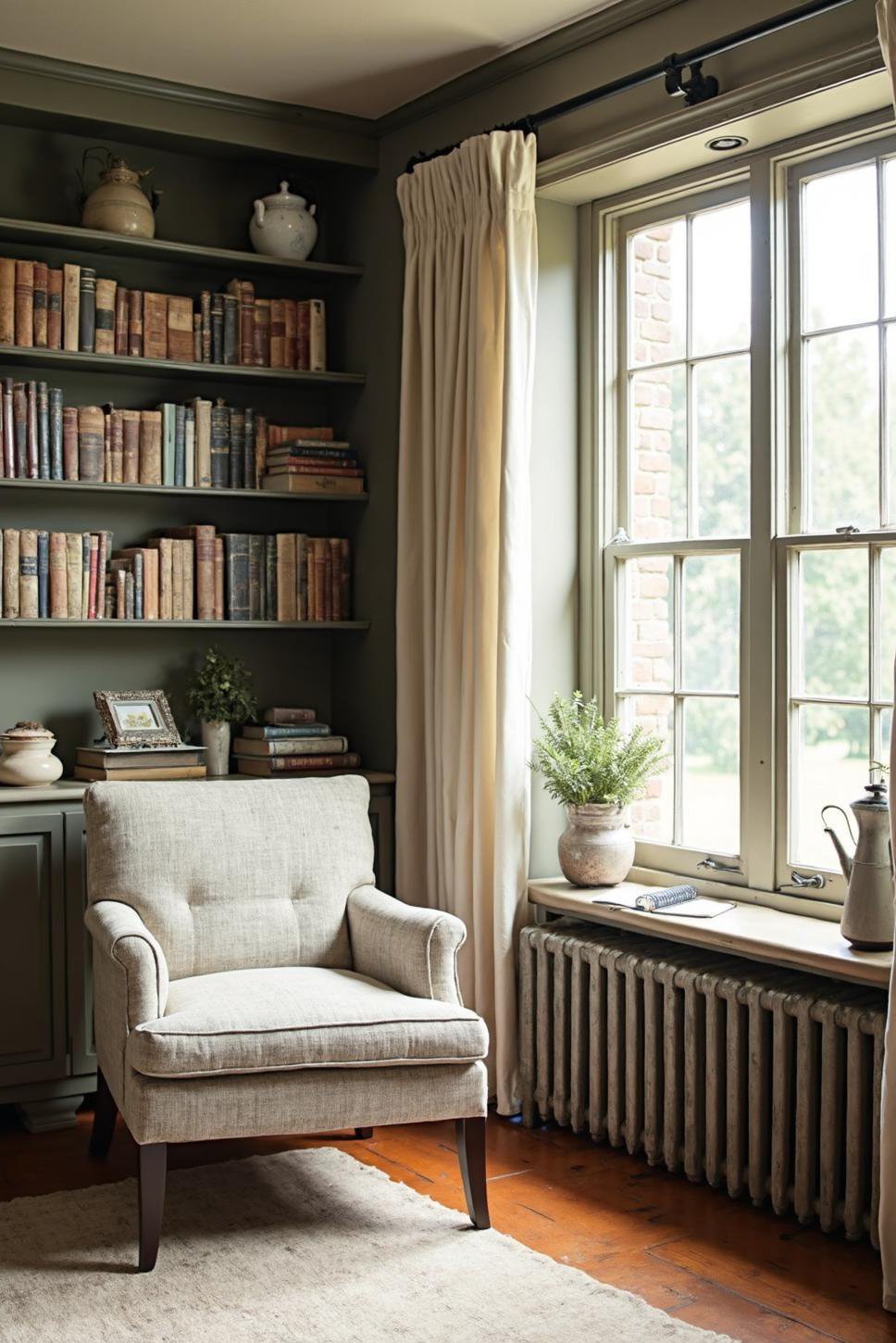 Cozy Farmhouse Living Room: Vintage Books & Quiet Nook