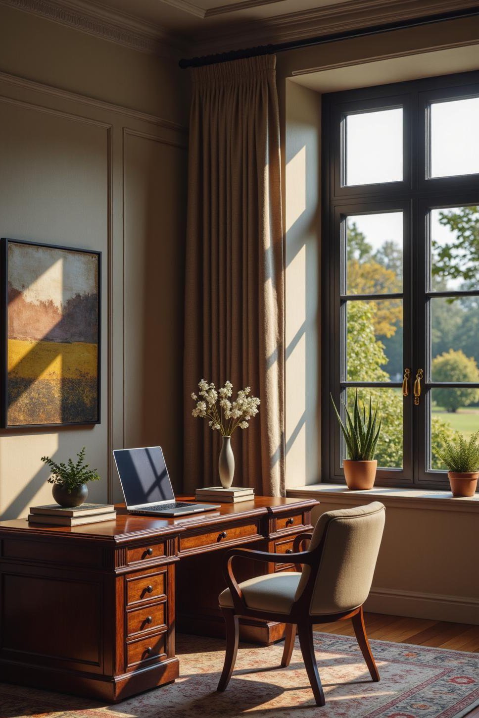 Cozy Masculine Home Office: Dark Wood & Garden View