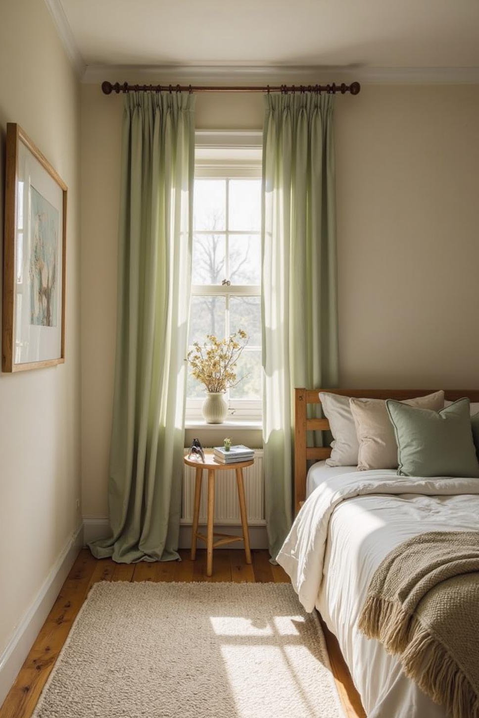 Cream Bedroom with Sage Accents & Woven Rug