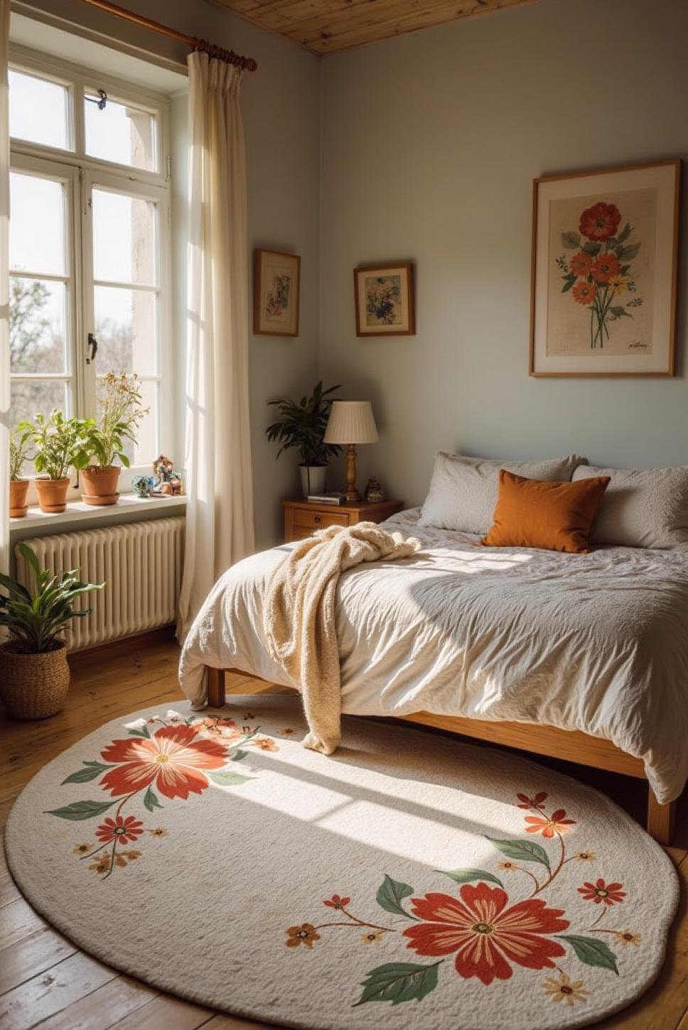 Hand-Painted Floral Rug in a Creative Bedroom