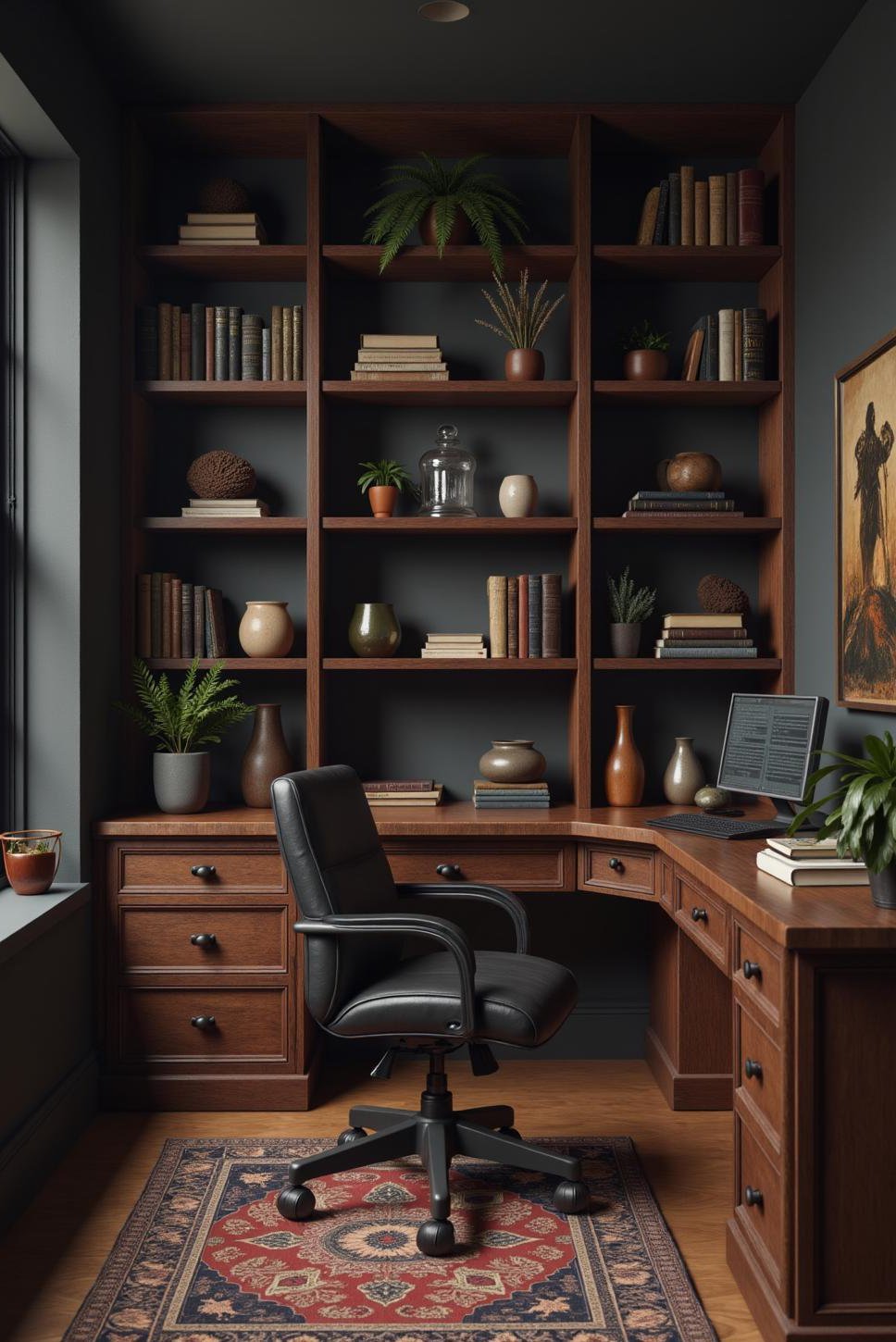 Moody Masculine Home Office: Dark Wood & Bookshelves