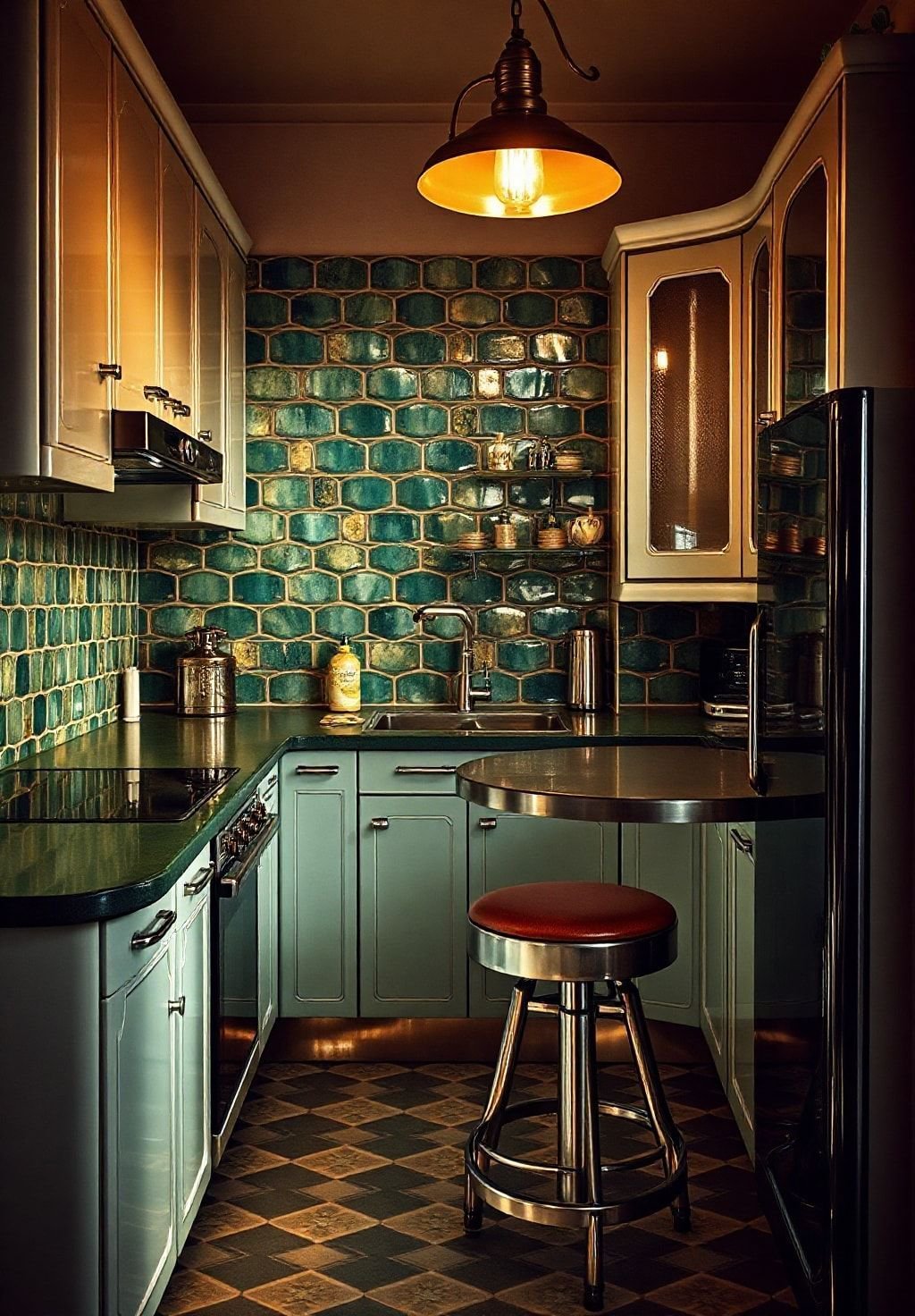 Emerald & Chrome: Art Deco Dreams in a Tiny Kitchen