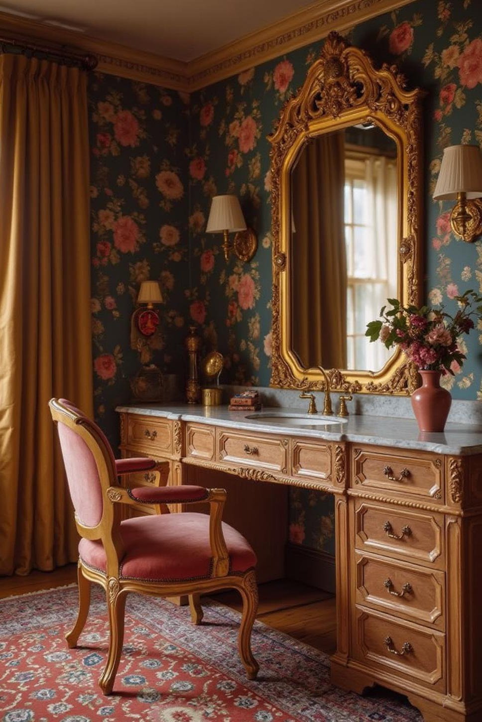 Maximalist Glam Room: Ornate Vanity & Bold Decor