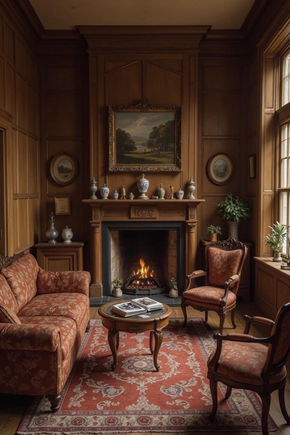 Regal English Cottage Living Room: Dark Wood & Rich Fabrics