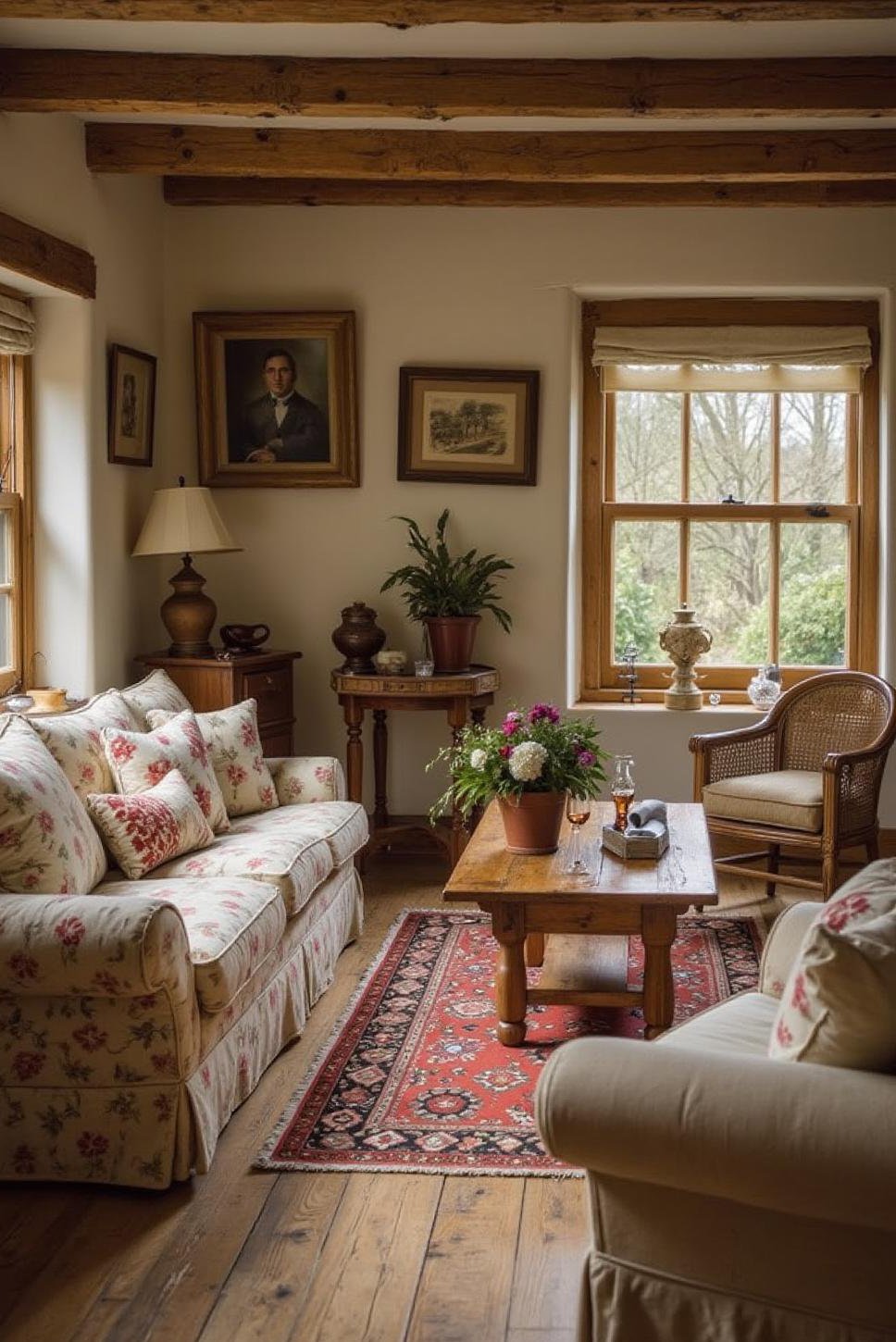 Welcoming English Cottage Living Room with Floral Prints
