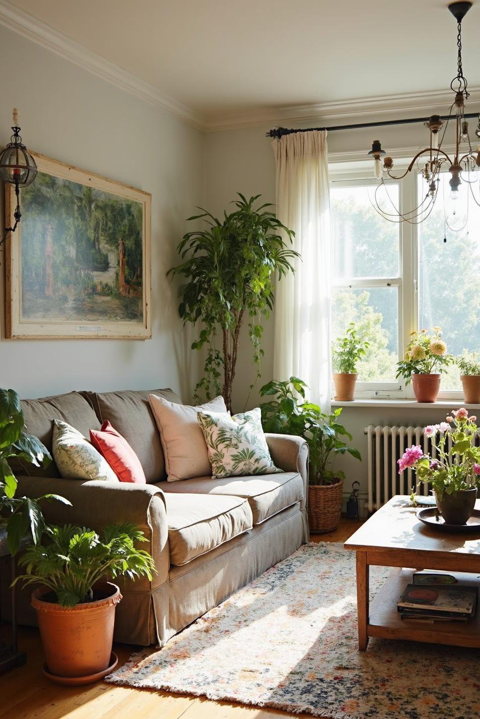 Farmhouse Living Room with Vibrant Potted Plants