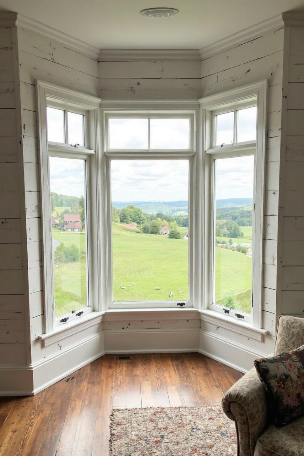 Serene Farmhouse Living Room:  Bay Window & Rural View