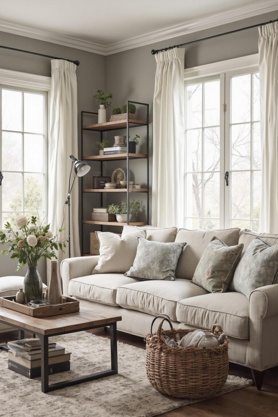 Serene Farmhouse Living Room: Grey, Beige & White