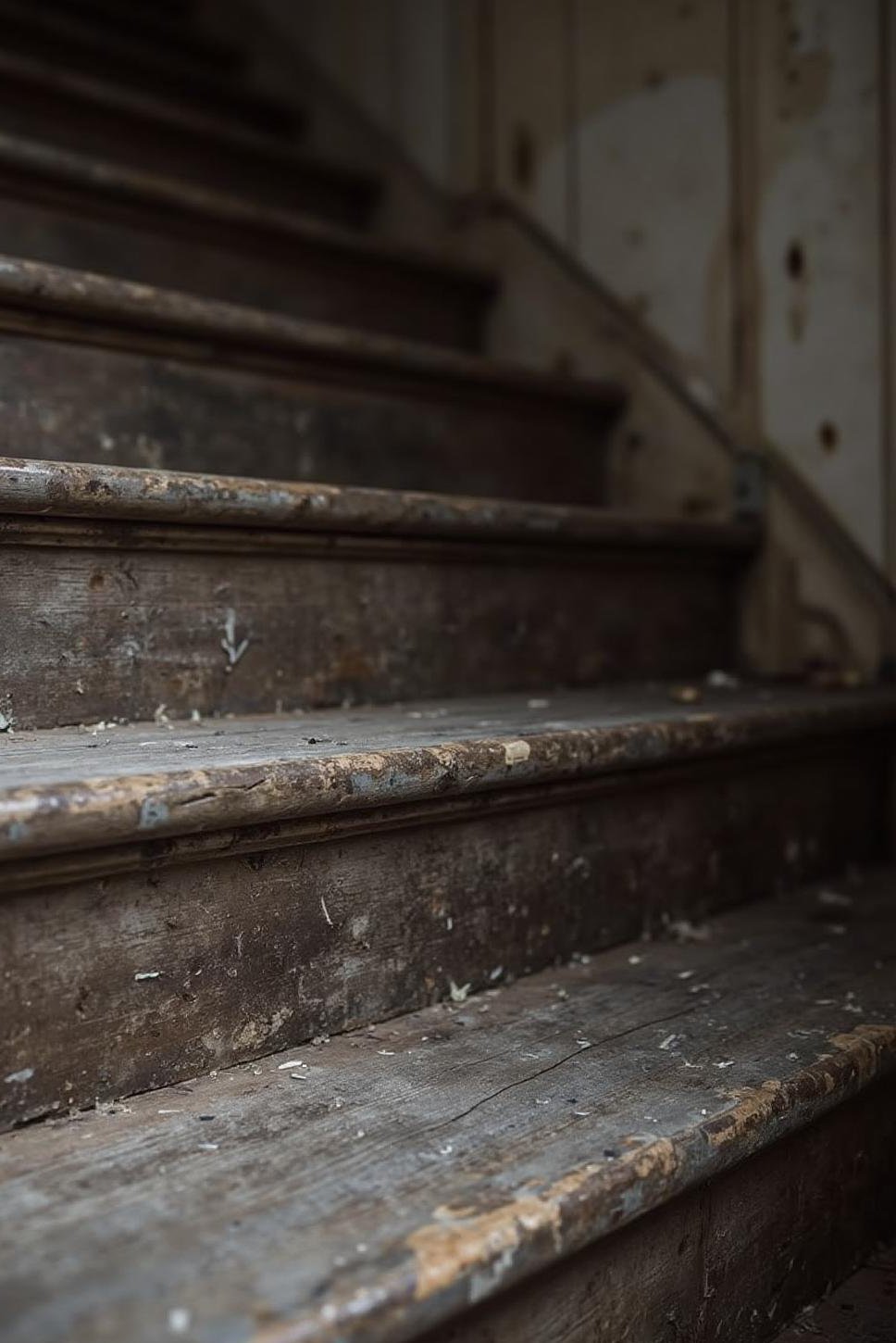 Worn Wooden Staircase: Dark Photography, Charcoal Drawings