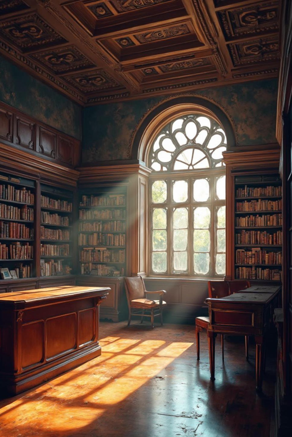 Grand Library Interior: Natural Light & Ornate Bookcases