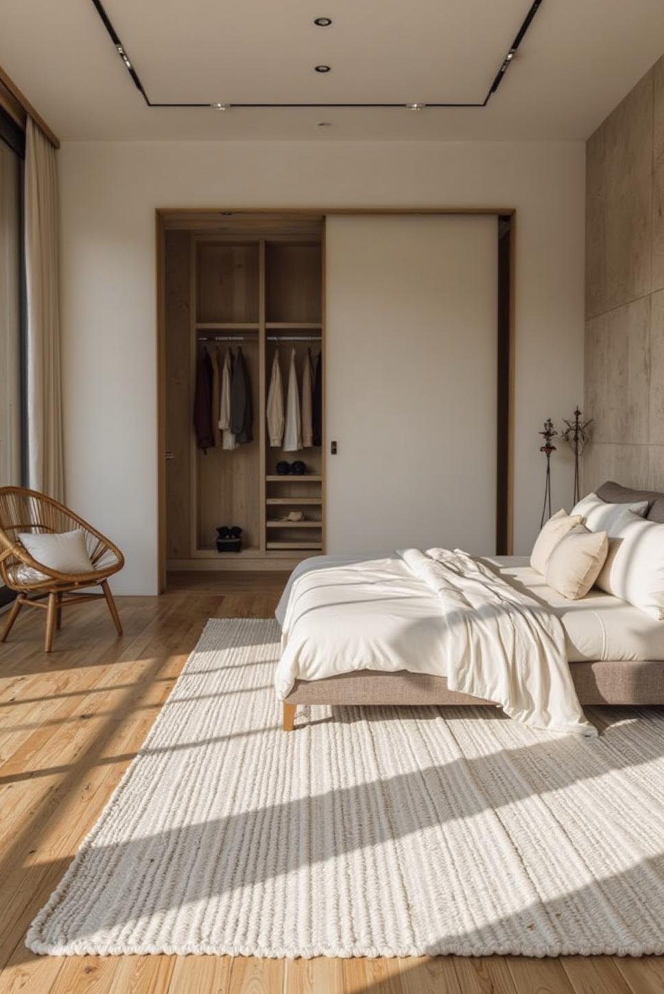Spacious Bedroom with Large White Braided Rug