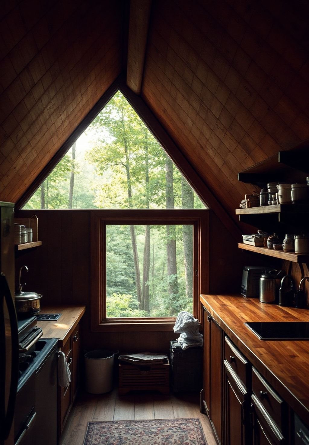 Cozy A-Frame Kitchen: Where Forest Views Meet Rustic Charm