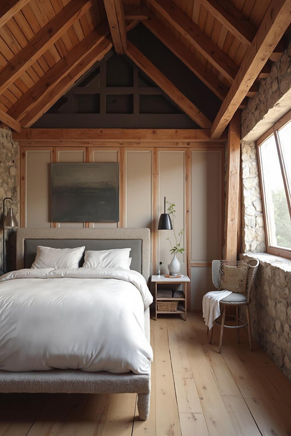 Rustic-Modern Loft Room: Exposed Beams & Stone Walls