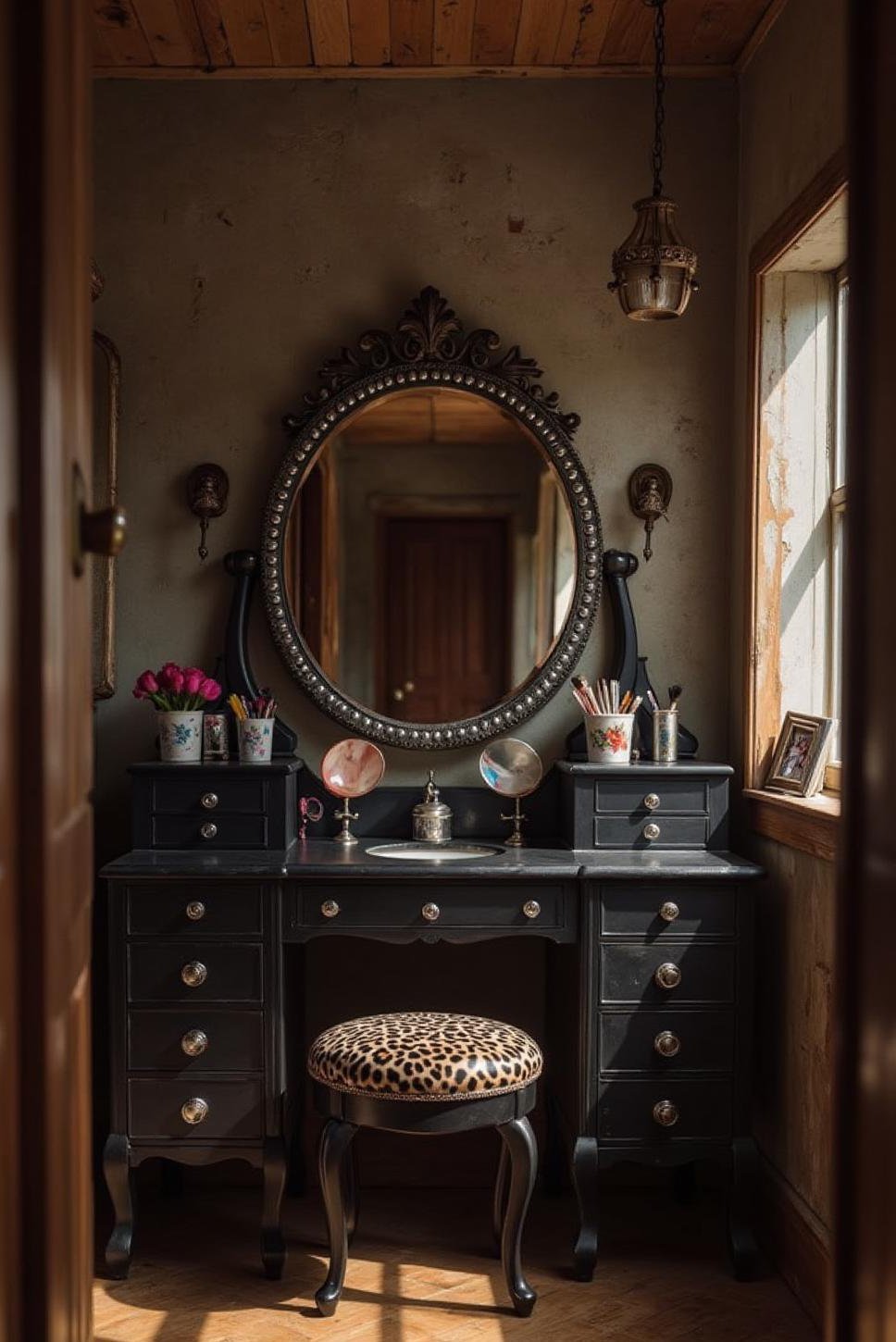 Glam Rock Makeup Room: Black Vanity & Leopard Chair