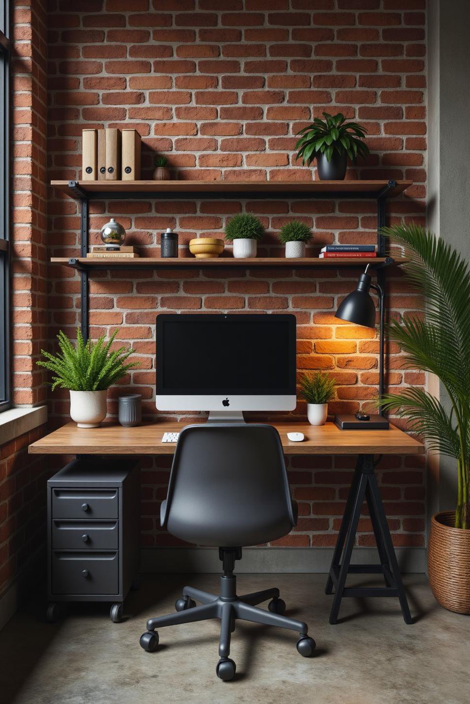 Industrial Masculine Office: Metal Shelving & Exposed Brick