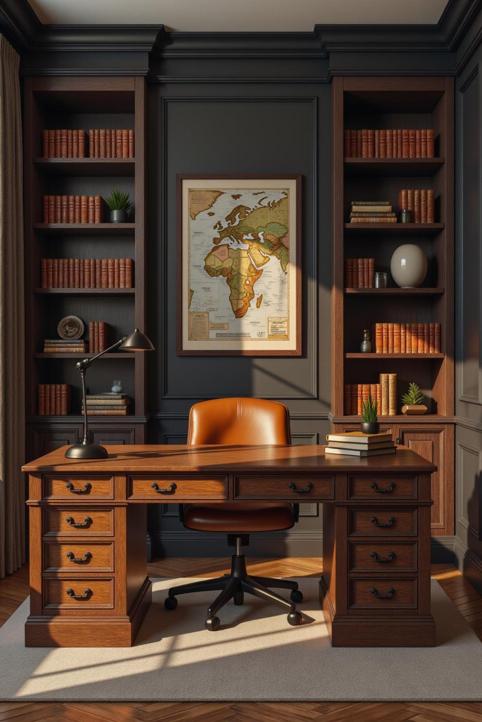 Masculine Home Office: Dark Wood & Leather