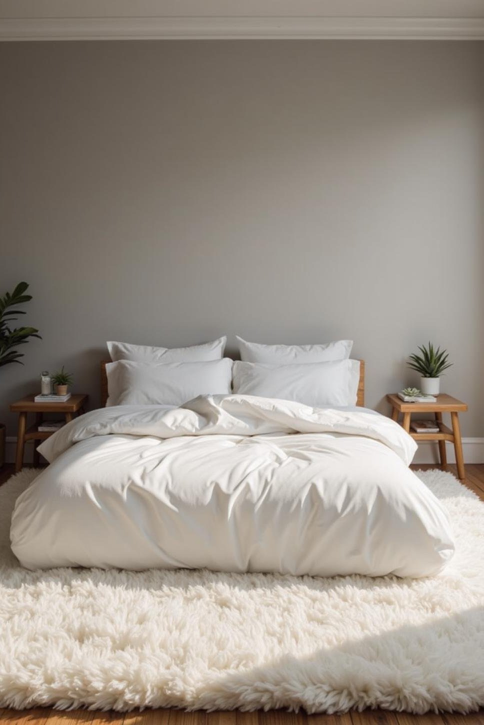 White Shag Rug: Minimalist Primary Bedroom Decor