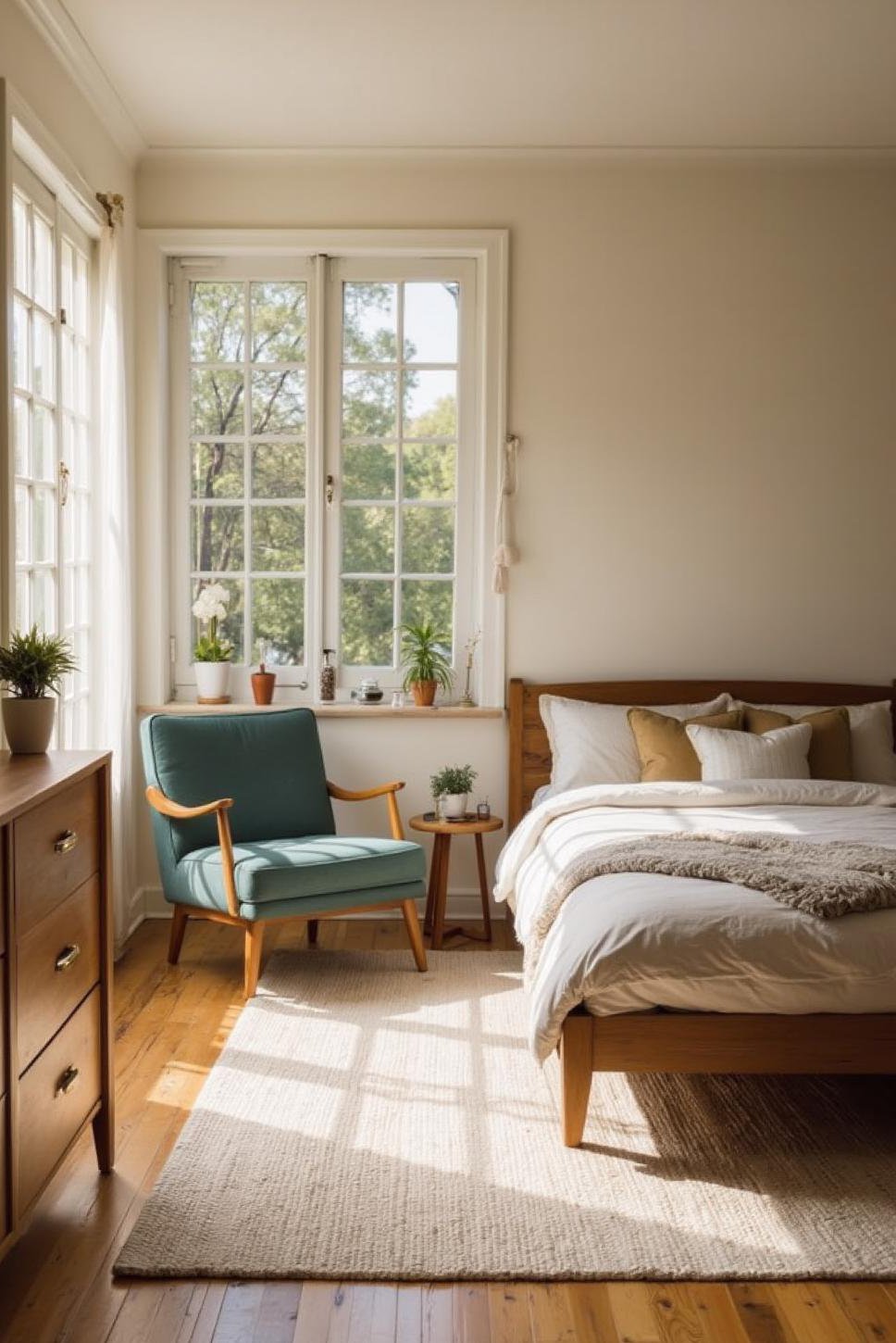 Cream Bedroom with White Jute Rug & Mid-Century Style