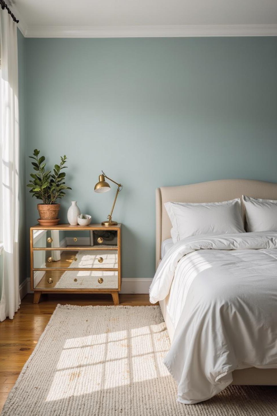 White Rug & Cool-Toned Primary Bedroom