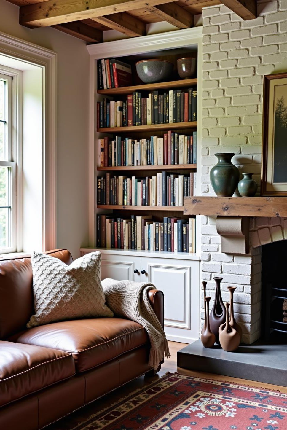 Cozy Home Library: Creamy Brick & Reclaimed Wood