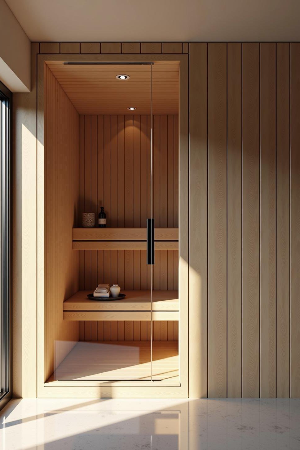 Modern Sauna Bathroom: Glass Enclosure & Clean Lines