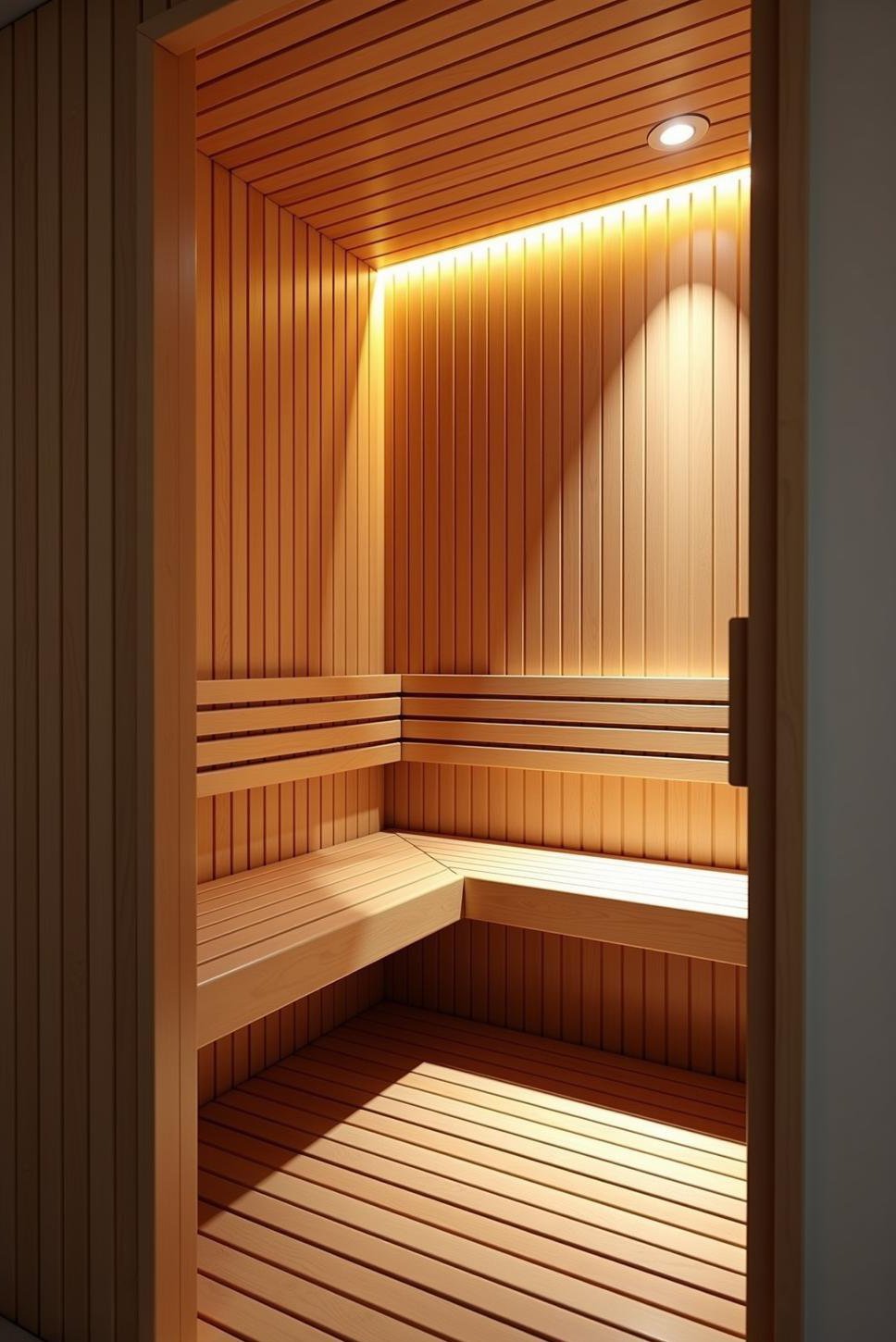 Luxurious Sauna Design: Polished Wood & Chromotherapy