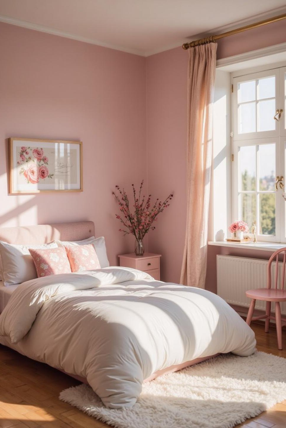 Serene Pink and White Bedroom: Soft Walls & Floral Accents