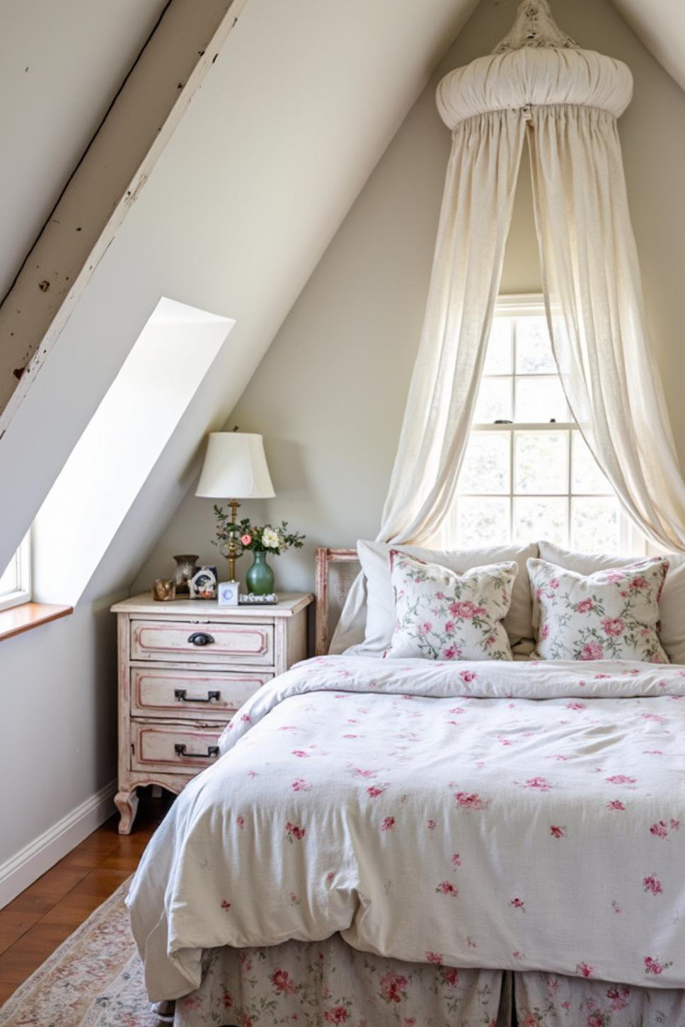 Shabby Chic Attic Bedroom: Whitewashed Beams & Lace