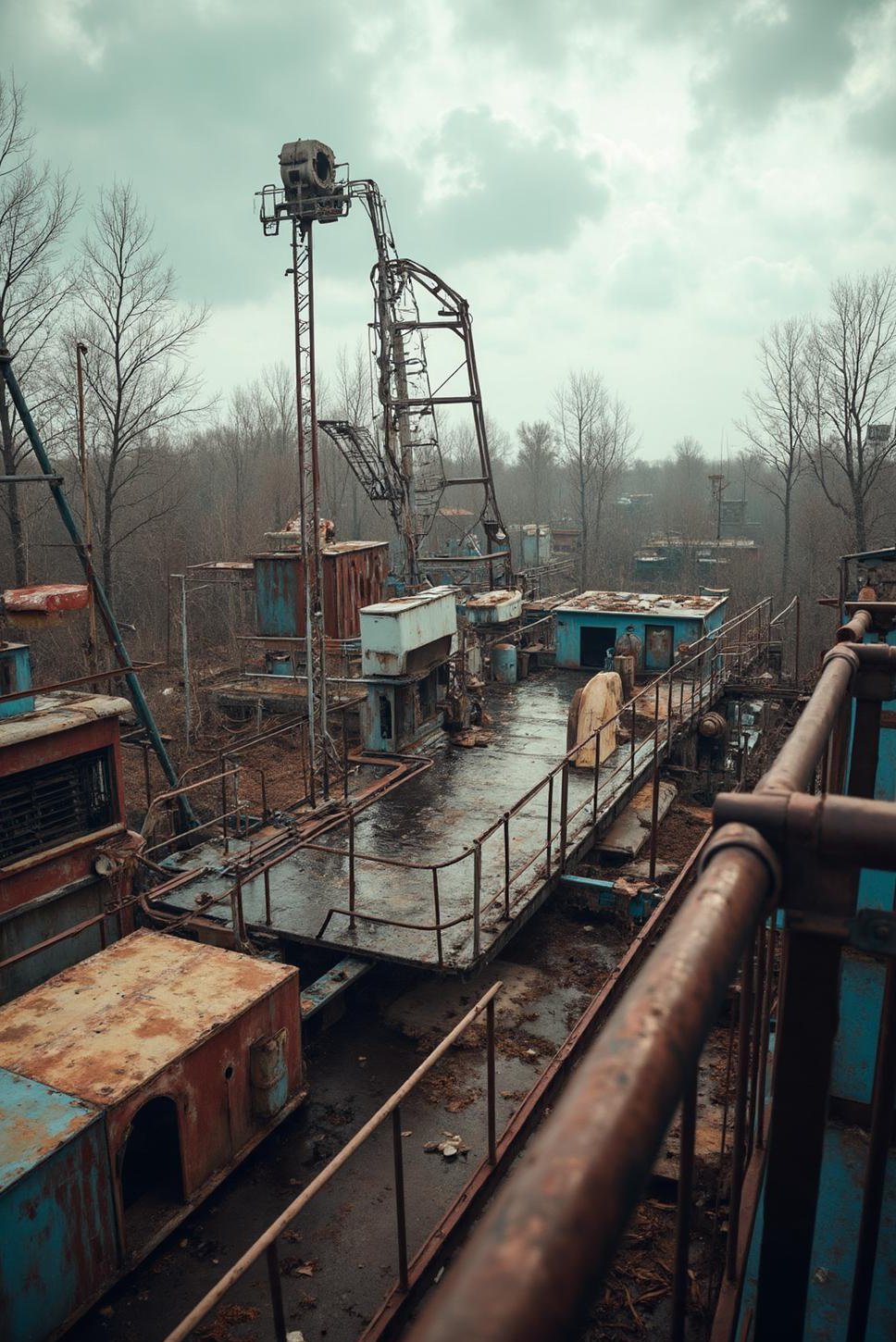 Abandoned Amusement Park: Rusted Rides, Clouded Sky