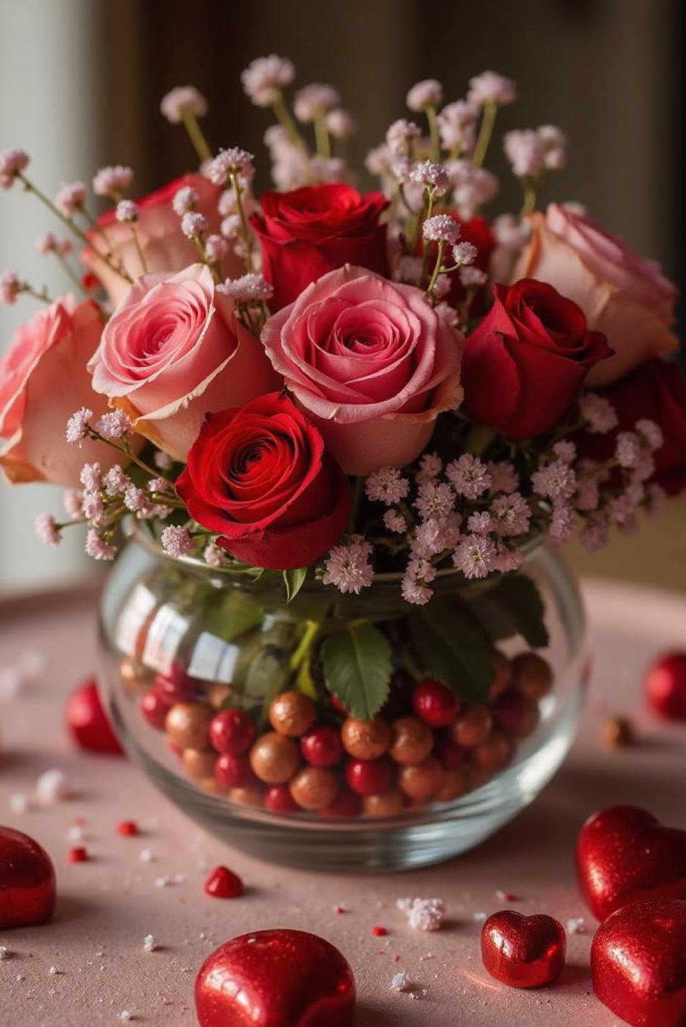 Elegant Valentine Centerpiece with Roses and Chocolates