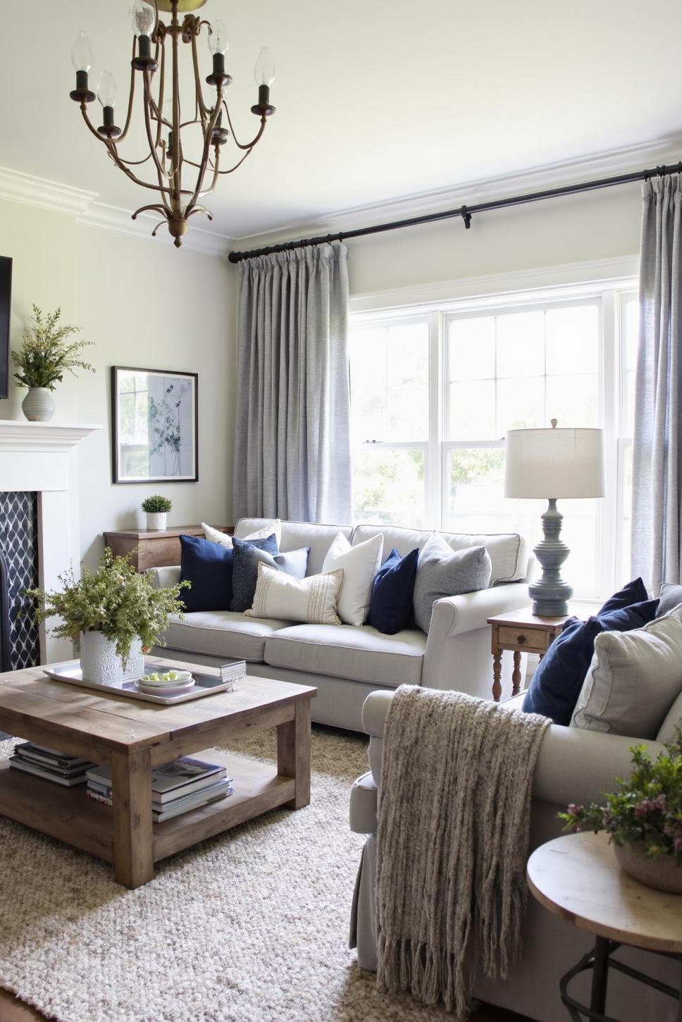 Sophisticated Farmhouse Living Room: Navy & Neutral Tones