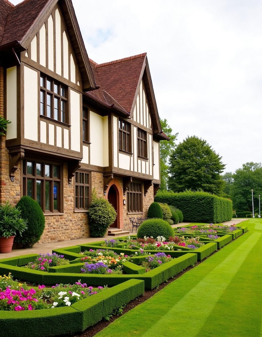 Cream-Colored Tudor House with French Country Charm