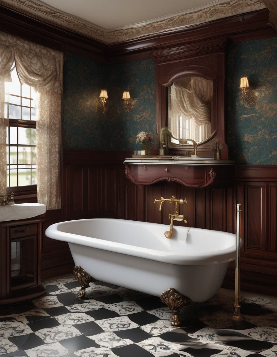 Victorian Bathroom: Dark Wood, Roll-Top Tub, & Crystal Chandelier